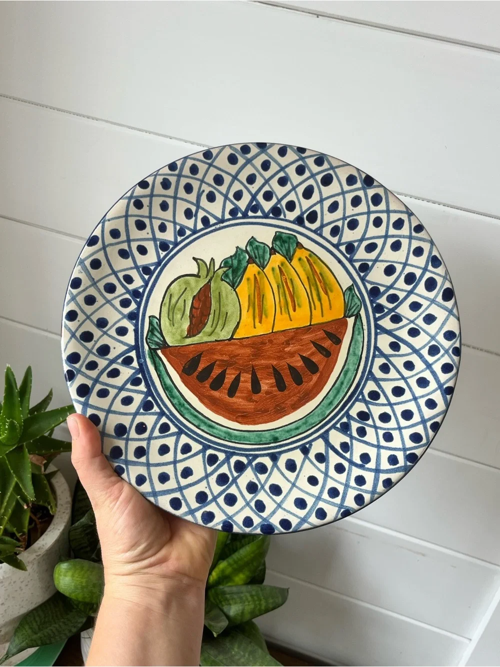 Hand painted Mexican pottery decorative plate, colorful fruit design